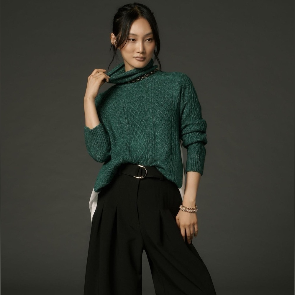 Anthropologie Green Mixed Media Turtleneck Cable Knit Sweater NWT Size Large